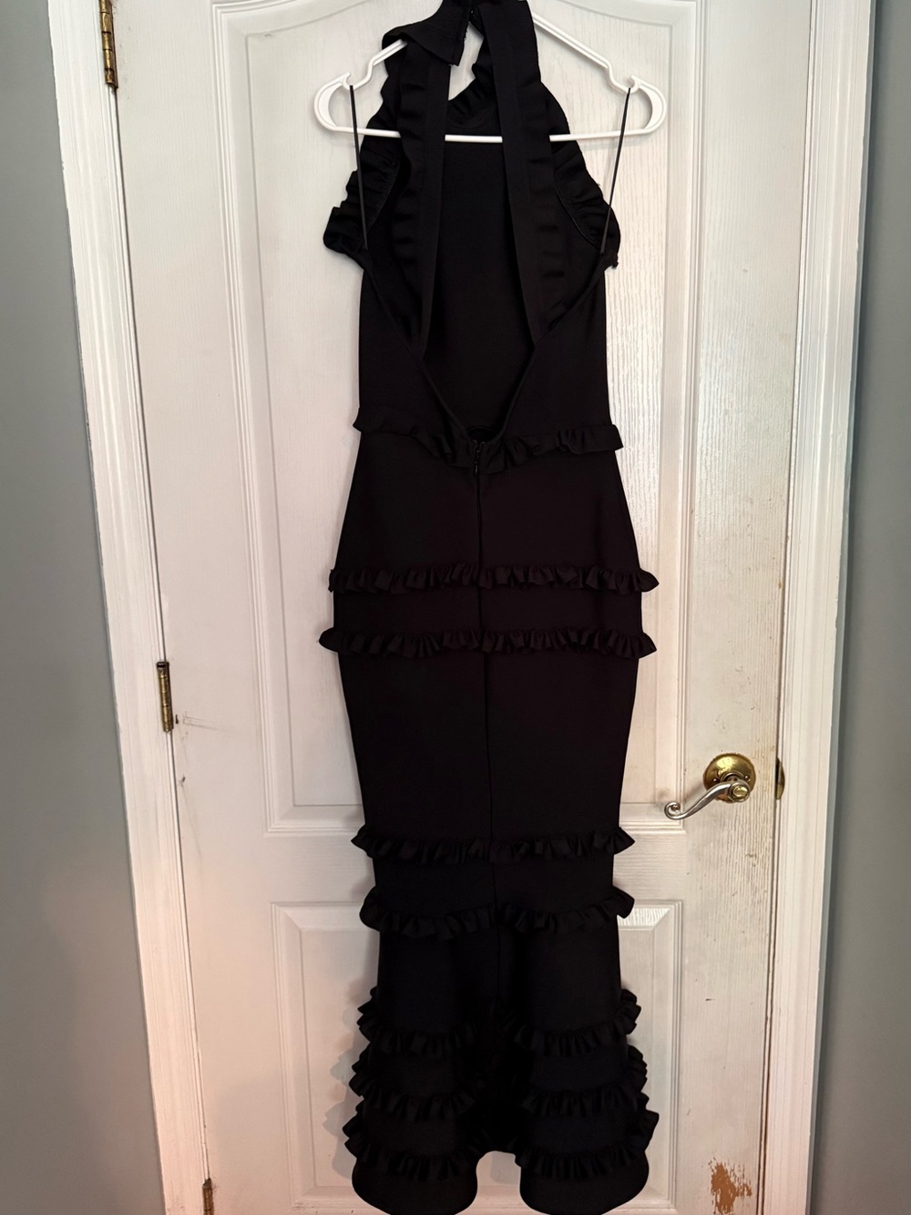 Elegant Black Backless Halter Dress with Ruffle Tiers